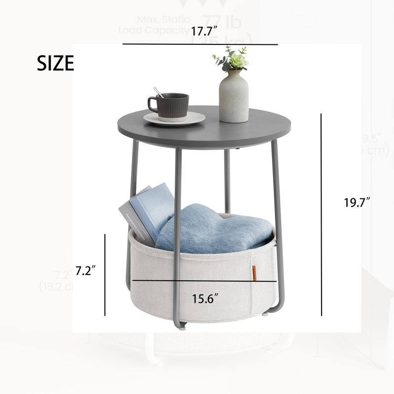  Table de bout ronde de 18 po avec panier de rangement en tissu, table de chevet moderne pour petits espaces, Gris