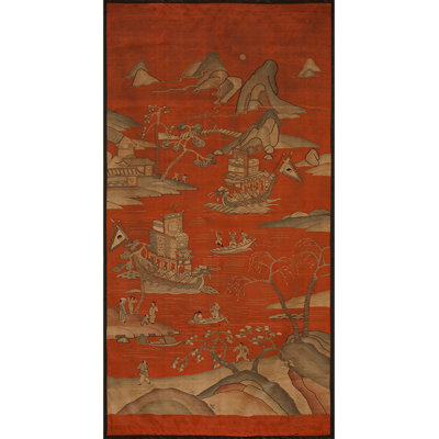 Antique Chinese Allover Scenic Pattern Red Color 1830s Textile Art