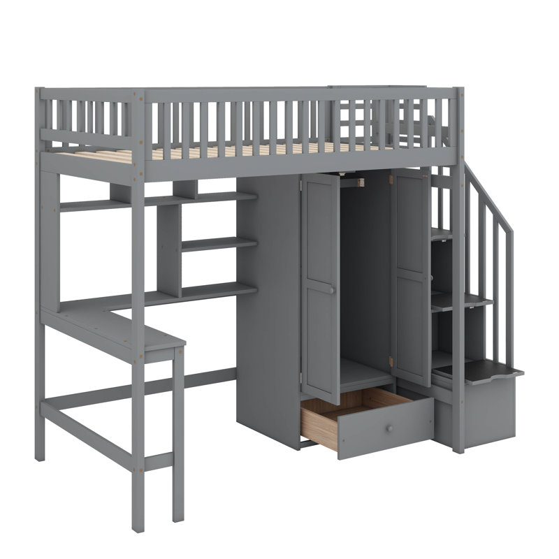 Lit mezzanine simple avec bibliothèque intégrée et tiroirs de rangement, Gris
