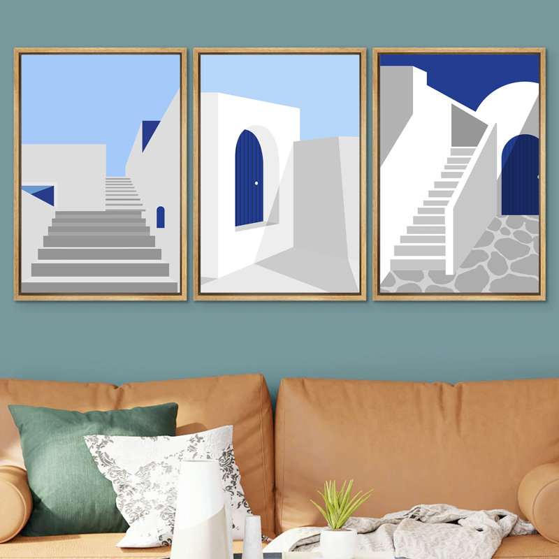 " Mediterranean Blue White Architecture Places Country Illustration Modern Bohemian Scenic Ultra " 3 Piece Art Print, Naturel