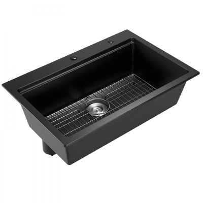 Station de travail d'évier de cuisine de 33 po, éviers en granite à montage sur le dessus, lavabo de ferme à cuve simple avec plusieurs accessoires, évier de lave-vaisselle domestique pour véhicule récréatif, cuisine de préparation et bar (noir)