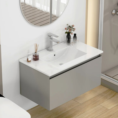Meuble-lavabo mural 32 po avec 1 grand tiroir, système de fermeture en douceur, lavabo en céramique, conception sans poignée, bois massif, finition peinture, facile à installer, le robinet n'est pas inclus