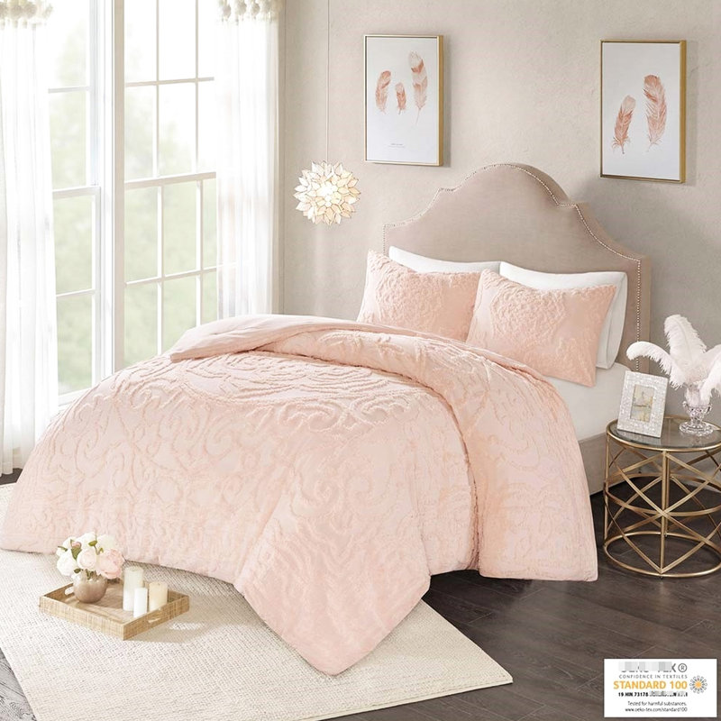 3 édredon très grand / très grand avec chenille rosée en coton à motif de médaillon, Rosé