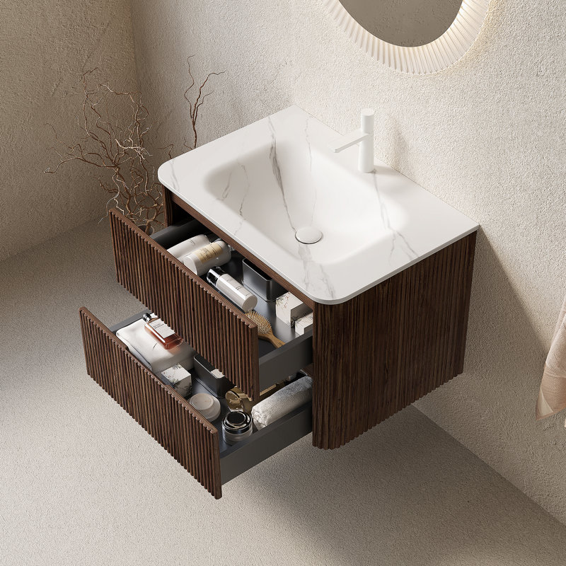 Meuble-lavabo mural flottant avec lavabo et rangement, avec deux tiroirs, lavabo sans couture et installation facile, 30"