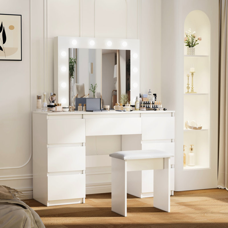 Meuble-lavabo blanc avec miroir et éclairage réglable, beaucoup d'espace pour le rangement des meubles de chambre à coucher, 3 lumières de couleur mat, beaucoup de rangement, design contemporain