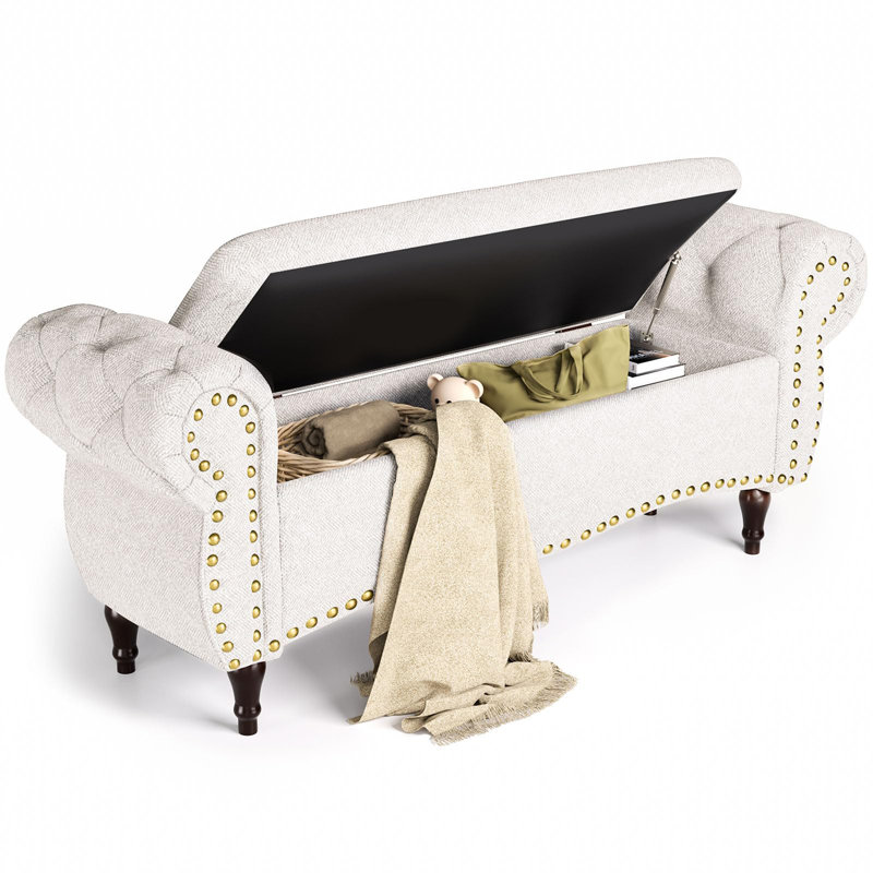 53" Length Upholstered Bench & Ottoman, Light Beige