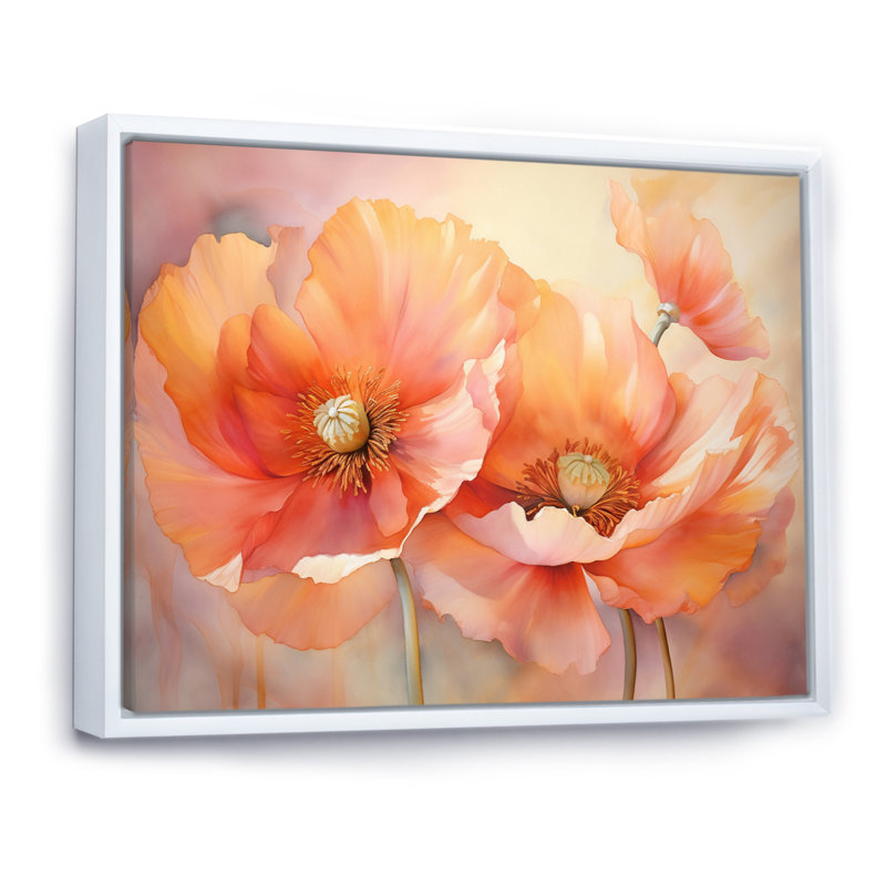 Coral Poppies Romantic Impression VI - Art mural de coquelicots pour le salon, 30" H x 40" W, Cadre flottant blanc