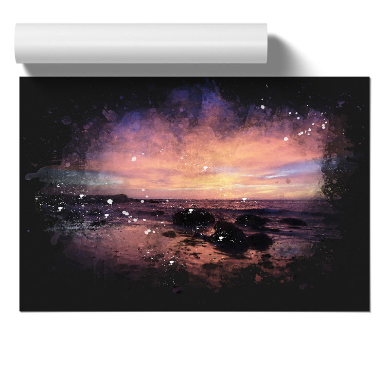 Purple Beach Sunset Paint Splash - Frameless Print, 42cm H x 59cm W x 0.1cm D