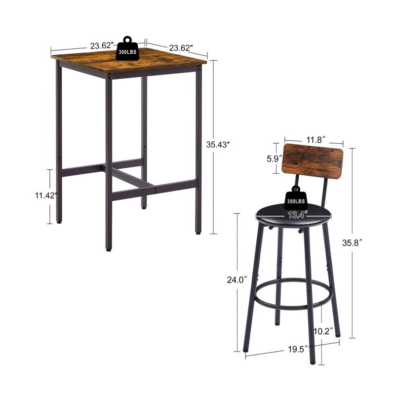 Rustic Bar Table Set With 2 PU Leather Bar Stools, Rustic Brown