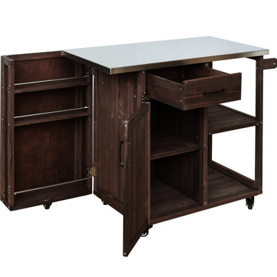 Îlot de cuisine extérieur avec plateau chauffant en acier inoxydable, bois de sapin massif, compartiment verrouillable, épice, finition brun foncé
