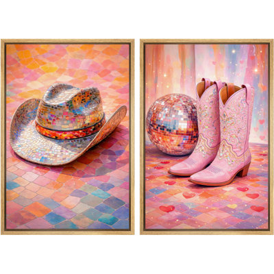 Disco Cowgirl Hat and Pink Boots Artwork, Western Glam Bedroom Pictures, Framed Canvas Giclee Print 2 Pieces Wall Art