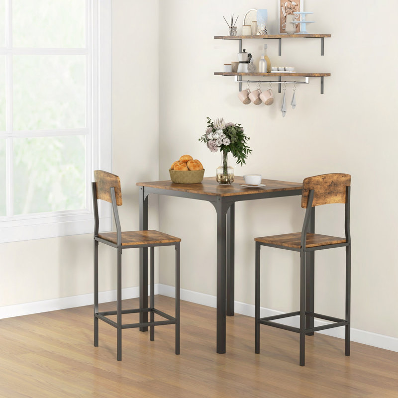 Ensemble de table de bar et de chaises à hauteur de comptoir 3 pièces HOMcom, petite table de salle à manger industrielle pour 2 personnes, table de cuisine carrée et tabourets avec structure en acier, brun rustique et noir