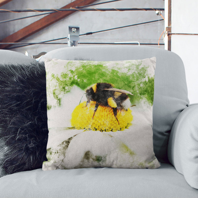 Bee Collecting Pollen Vol.2 Watercolour Square Throw Cushion, 55cm H x 55cm W x 20cm D, Black
