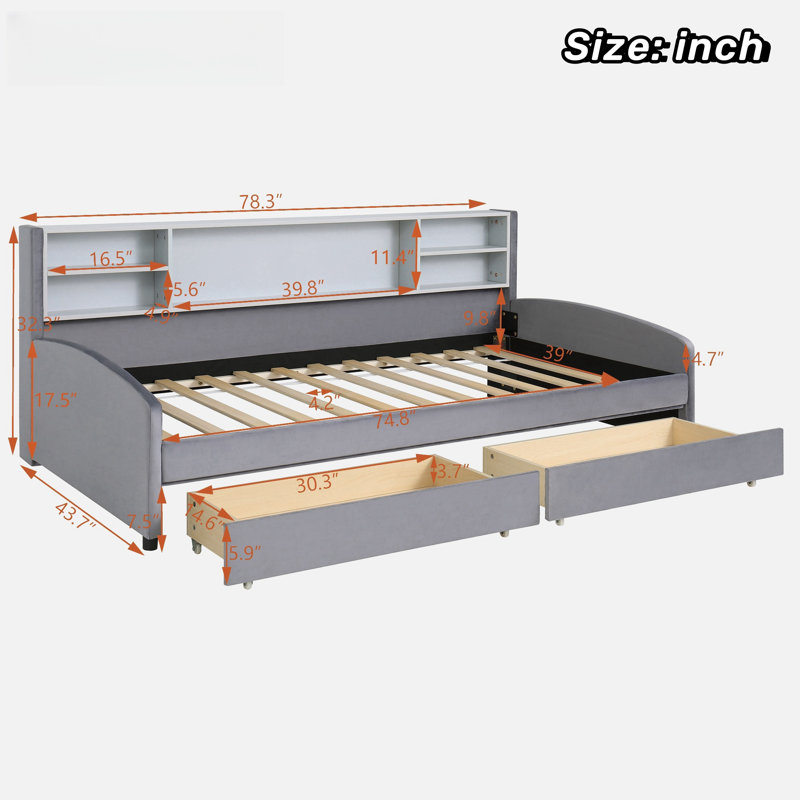 Lit plateforme tapissier avec tablettes de rangement et 2 tiroirs Daneida, gris