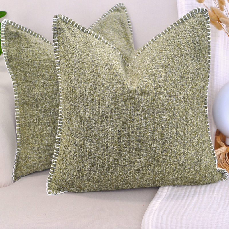 Olive Green Chenille Square Throw Pillow Covers with Piped Edges, 20x20, Set of 2