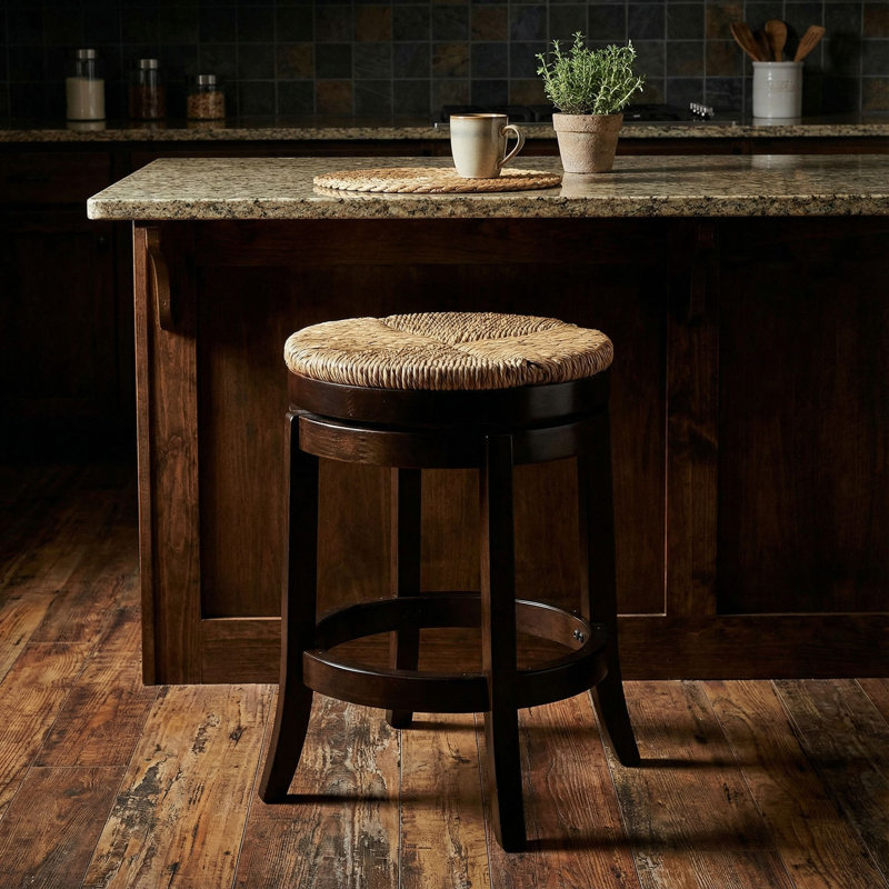 Tabouret de comptoir pivotant sans dossier en bois massif, siège en paille de 24 po