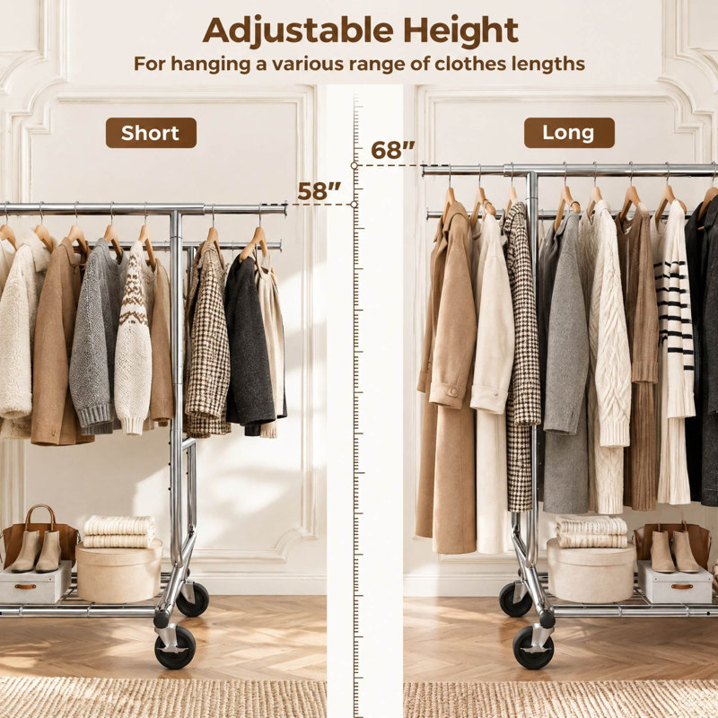 Extendable Double Clothes Rail with Hanging Rings and Castors