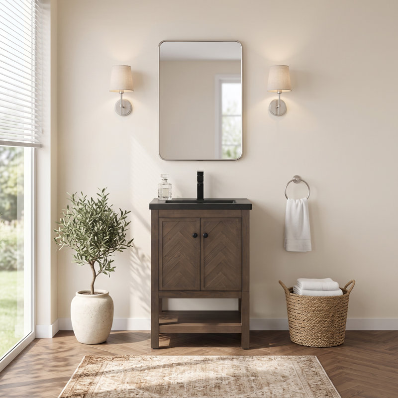 Chazden 24" Freestanding Herringbone Design Single Bathroom Vanity with Ceramic Top, Brown, Matte Black, Black