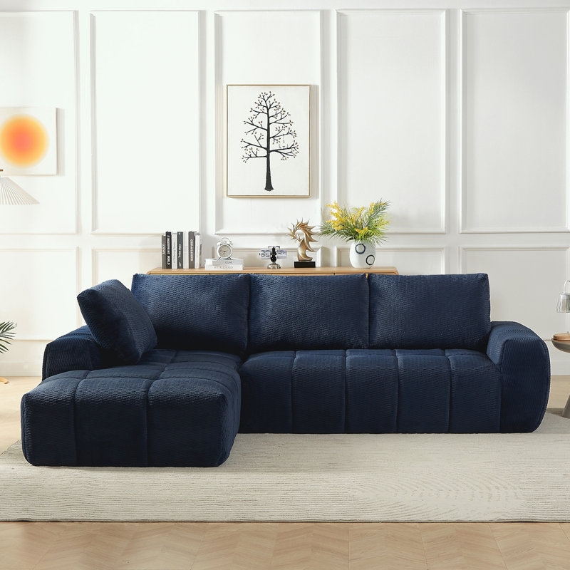 L-Shape Sectional Oversized Sofa with soft cushion, Left Hand Facing, Dark Blue Faux Fur