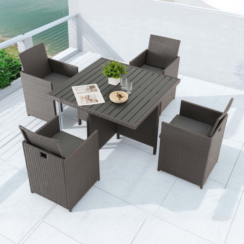 The Patio 43" Square Dining Set with Waterproof Rattan Frame & 4 Dining Chair & Aluminum Table(5 Pcs Set)