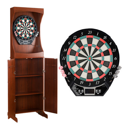 Coffret de jeu de fléchettes électroniques Hathaway Outlaw - Cible de fléchettes électrique de 206 cm avec coffret - Cible professionnelle avec 6 fléchettes électroniques à pointe souple, adaptateur secteur et tableau de pointage - Finition cerisier
