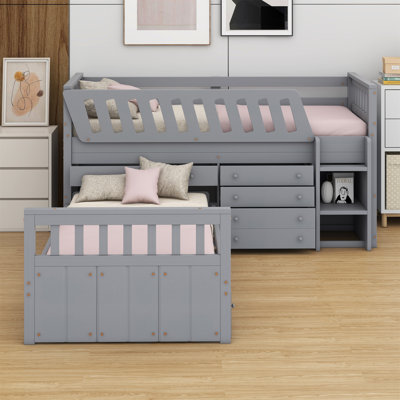 L-Shaped Space-Saving Loft And Platform Bed With Drawers And Full Guardrails