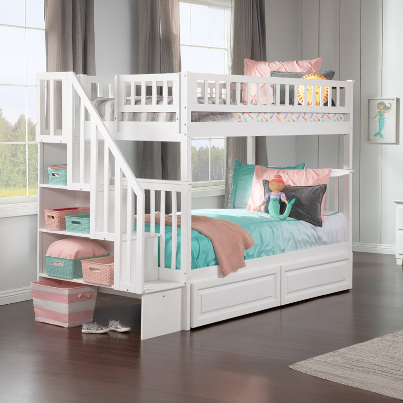 Hartlep Solid Wood Standard Staircase Bunk Bed with Storage Drawers, White, Twin over Twin