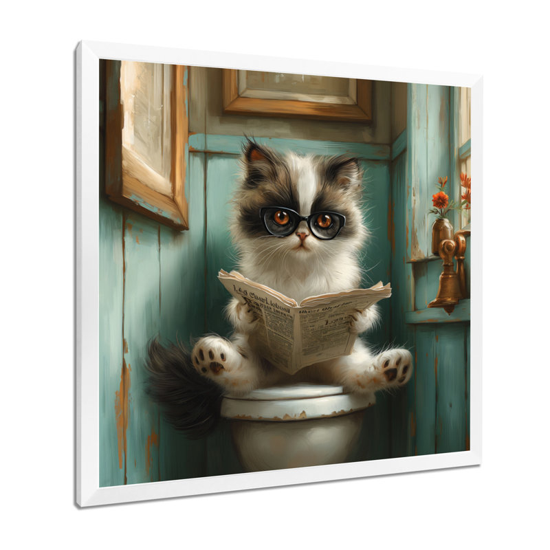 Mignon chat avec lunettes lisant le journal sur la toilette - Art mural de toilette, Cadre simple blanc