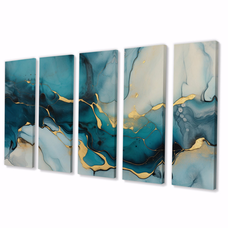 Marbre infusé turquoise doré IV - Fractales - 5 panneaux égaux