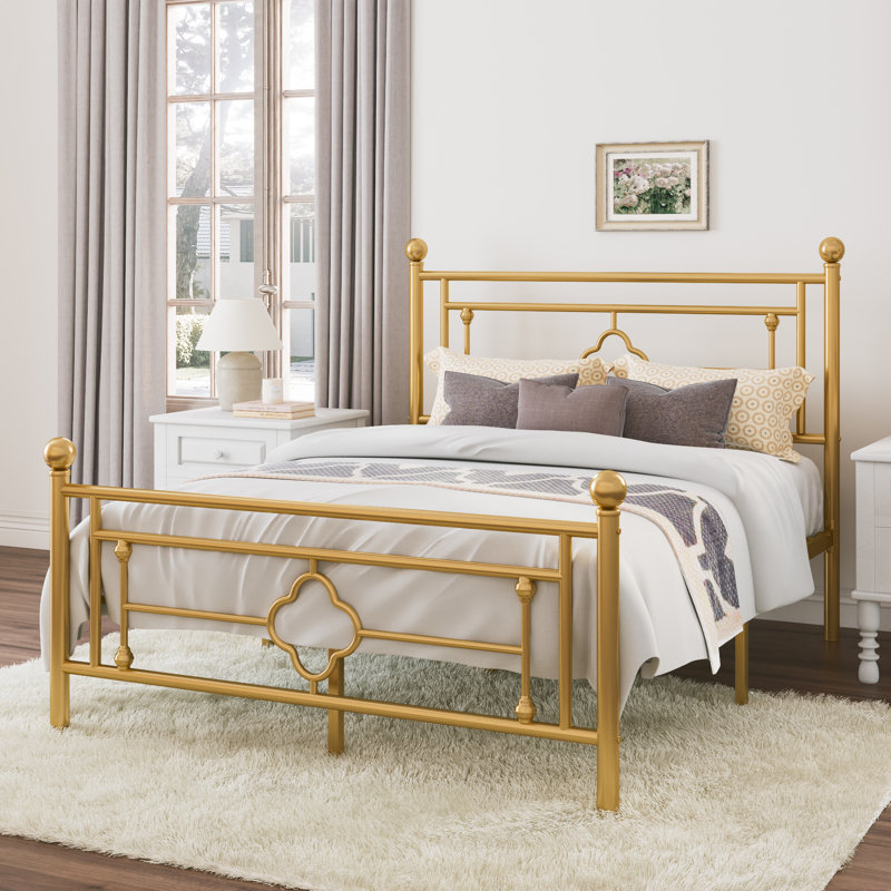 Ajayceon Metal Platform Bed Frame With Vintage-Style Headboard And Footboard, Gold, Queen