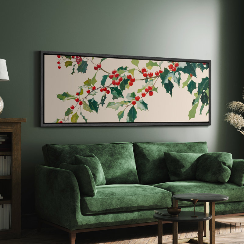 Grande impression sur toile encadrée - branche de houx avec baies rouges, reproduction botanique pour décoration de Noël festive