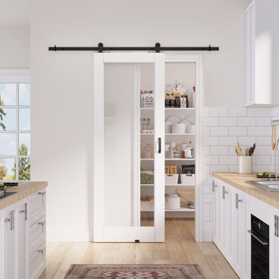 32in.x 80in.1 Lite Clear Glass White Door Slab Prefinished Surface With All Barn Door Hardware Kit
