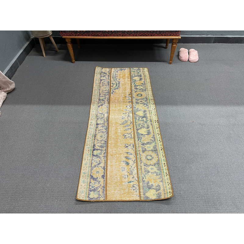 Vintage Wool Rug, 22.8x56.7 Inch Yellow Patchwork Rug