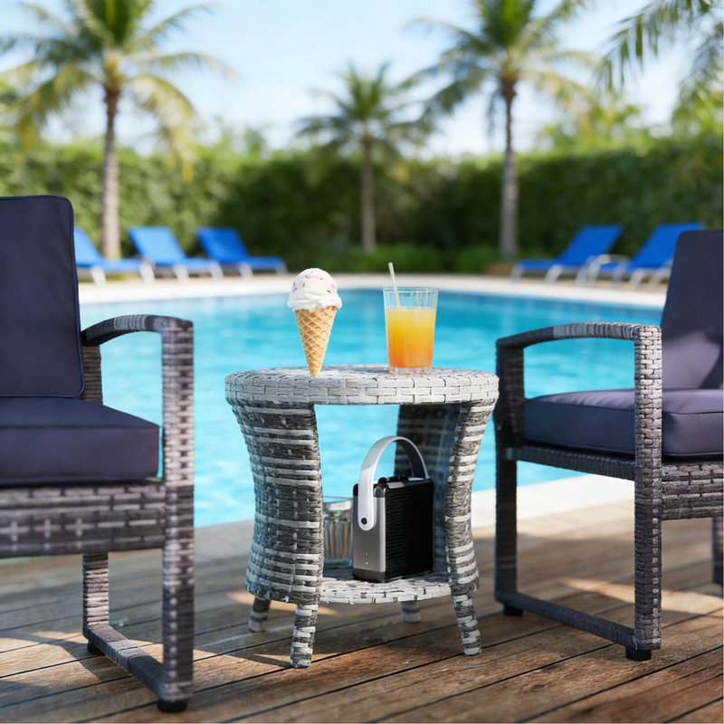 Side Table,Wicker Outdoor Coffee Table, Brown/Gray