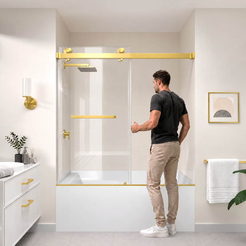 Porte de douche coulissante double sans cadre Catalyst en or brossé avec verre transparent 3/8 po de l 56 po x H 60 po Catalyst