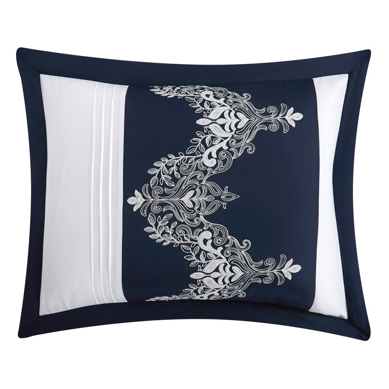 Odayle Navy/White Microfiber 6 Piece Comforter Set, King Comforter + 2 Shams + 3 Throw Pillows