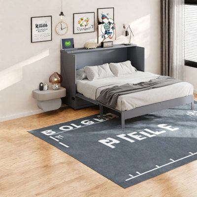 Lit escamotable peu encombrant avec grand rangement, bois gris moderne