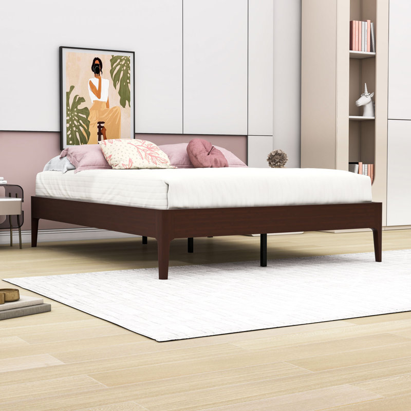 Lit plateforme avec lattes de bois silencieuses et pieds centraux en métal, Grand lit, Chocolat