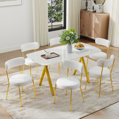 Ensemble de salle à manger moderne 5/7 pièces, table en verre trempé à motif X-Marble et chaises en peluche 4/6 Design compact pour une salle à manger et une cuisine compactes