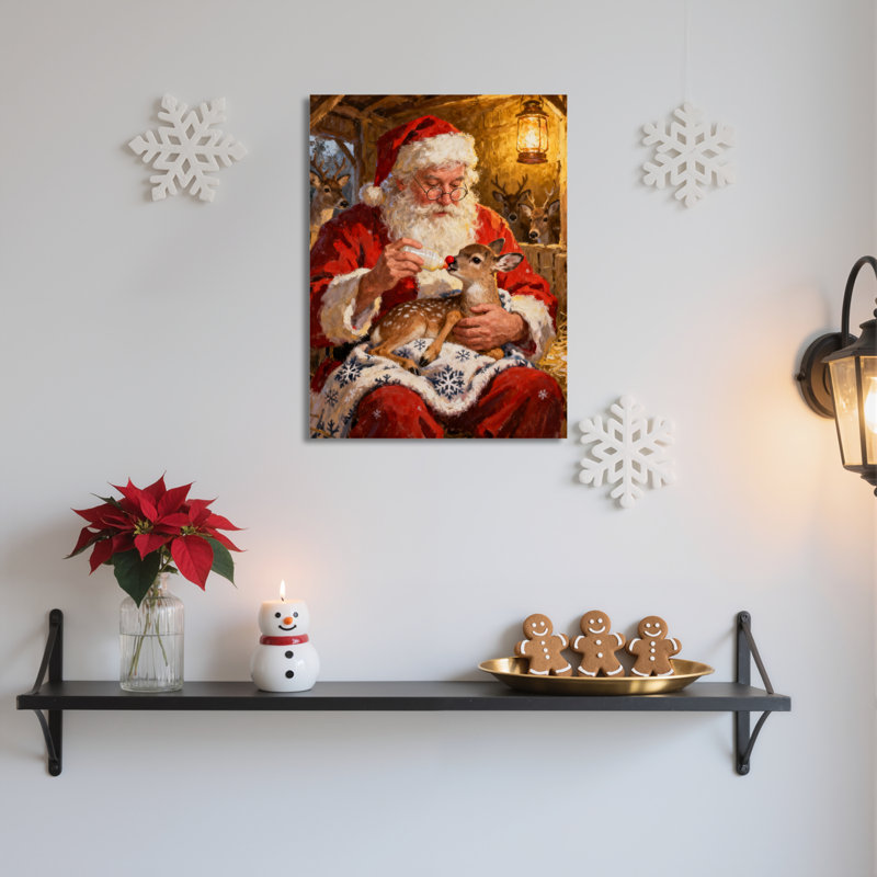 Père Noël tenant un cerf sur toile, H 18 po x l 12 po
