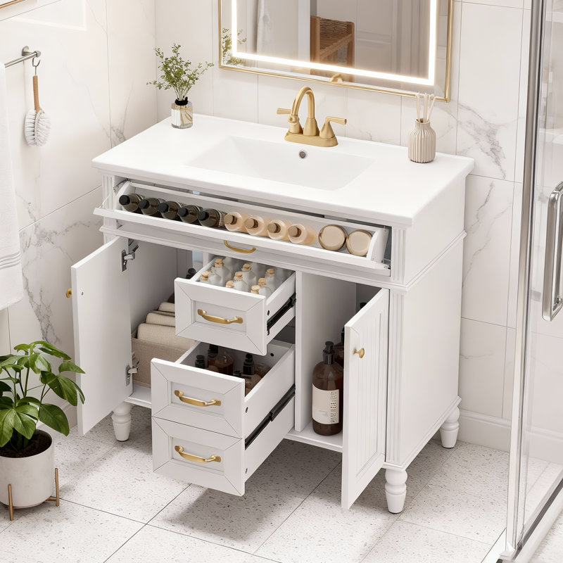 Meuble-lavabo autoportant 36 po avec lavabo 36 po: lavabo en céramique, cadre en bois massif et MDF, tiroir rabattable, 2 tiroirs de rangement