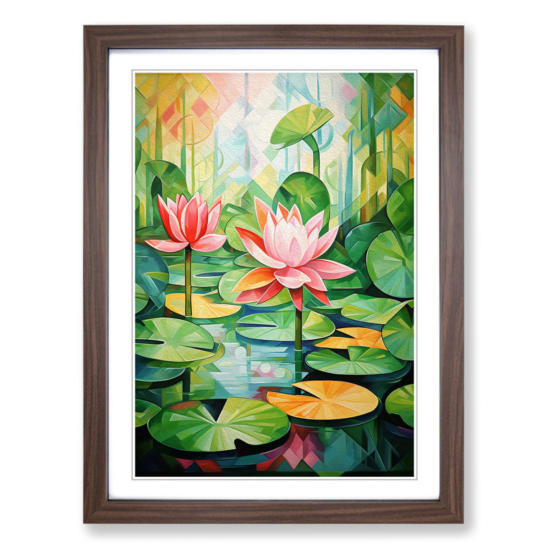 Water Lily Pond Cubism - Single Picture Frame Print on Wood, Walnut Framed, 64cm H x 46cm W