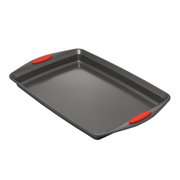 Rachael Ray Bakeware Nonstick Baking Sheet and Veg-a-Peel Set, 4-Piece,  Gray with Red Silicone Grips 