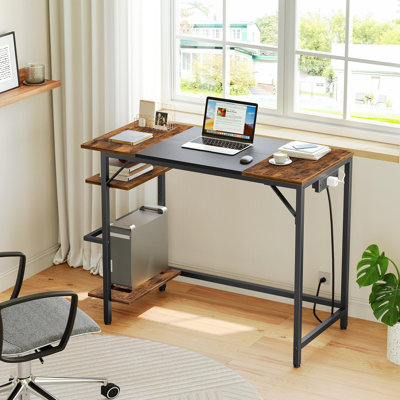 Home Office Computer Desk With Power Outlet – 2 Shelves, Modern Small Writing Desk For Home Office/Study, Easy To Assemble, Rustic Brown & Black