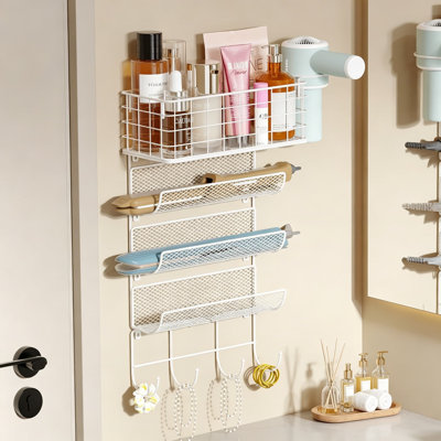 Wall-Mounted Hair Dryer Holder with Storage Basket and Shelves, 4-Tier Wire Organizer for Curling Irons, Flat Irons, and Hair Tools with Heat-Safe Rack and Hooks for Bathroom or Kitchen