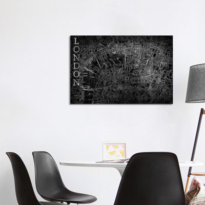 Map London, Vintage in Black 1 Piece Wrapped Canvas Wall Art