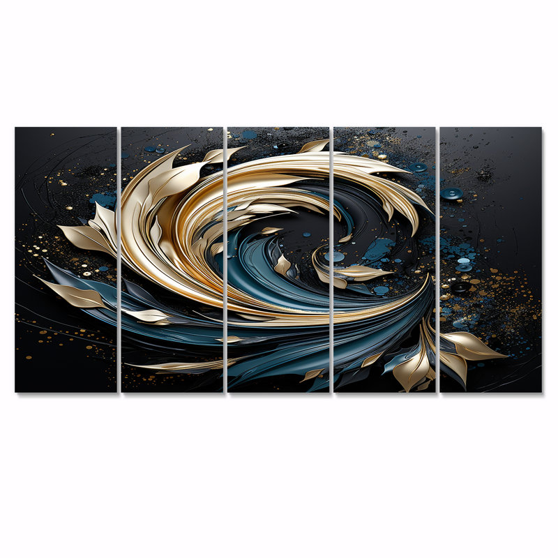 Ensemble de 5 pièces d'art mural feuilles bleu sarcelle spirales dorées, H 28 po x l 60 po