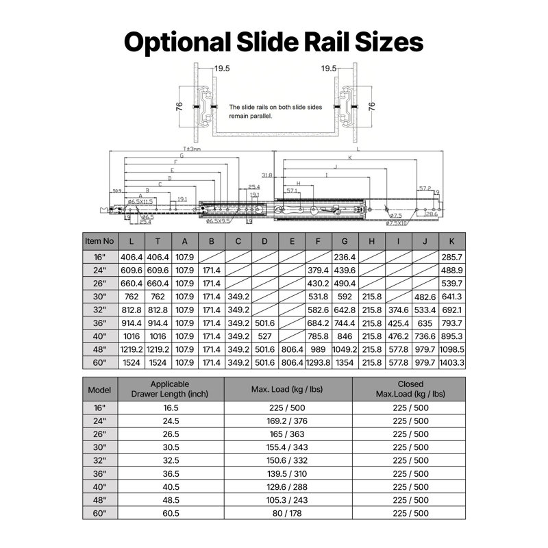 Heavy-Duty Drawer Slides, 26 inch 500 lbs with Lock Side Mount Rails, 3-Fold Full Extension Ball Bearing Rails, 1 Pair, Kitchen, Workbench, RV, Carbon Steel, Featuring Screws & Nuts