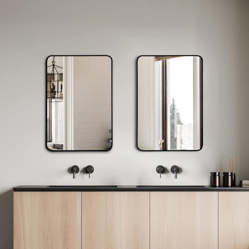 Miroir mural de salle de bain noir avec cadre en métal noir 24 x 32 pouces - Verre trempé de 4 mm de hauteur, aluminium rouille, conception incassable avec crochets de protection haute définition faciles à installer