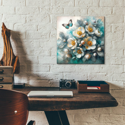 Art mural en verre épique «Teal Flowers» par Rey Klimt, 12 po x 12 po